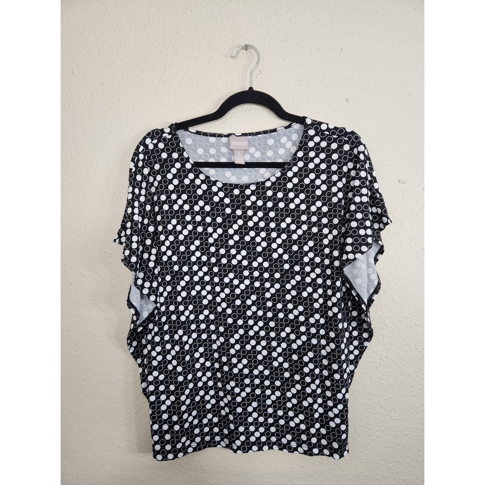 Chicos Womens 1 Medium Black White Polka Dot Dolman Sleeve Scoop Neck Blouse